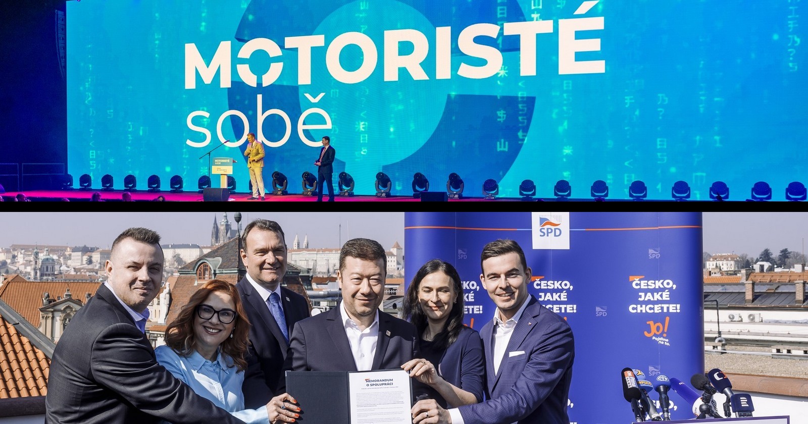 Motoristé sobě vs. SPD, Trikolora, Svobodní a PRO - koláž Deníku TO